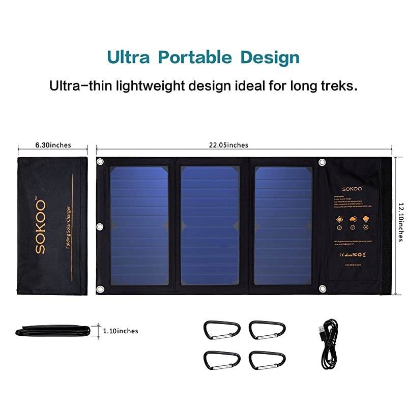 USB Solar Panel,  22W 2-Port Solar Charger(5V/4.8A Max), Portable Foldable Solar Phone Charger Uses for iPhone12/11/XS Max/XR/X/8/7, iPad, Galaxy, LG, and Any USB Devices.