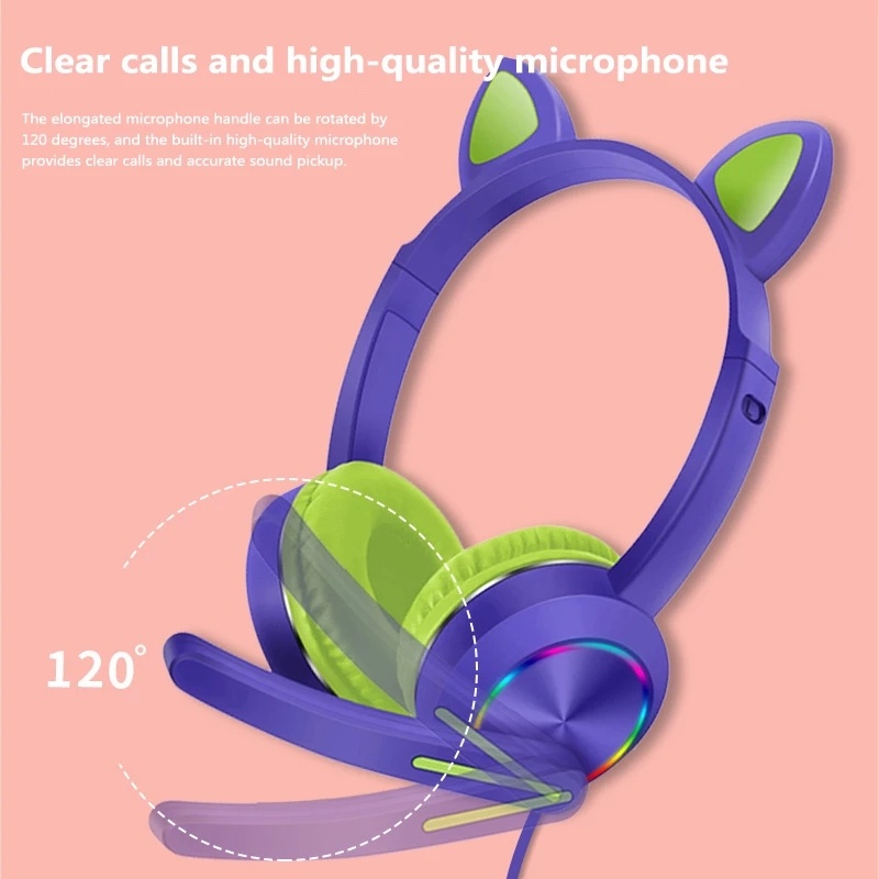 AKZ-020 Wired Headphones Stereo Super Bass 40MM Drivers Earphone RGB Luminous Foldable Head-Mounted Cute Cat Ear Gaming Headset Review Education Machine with Mic-Dark Blue