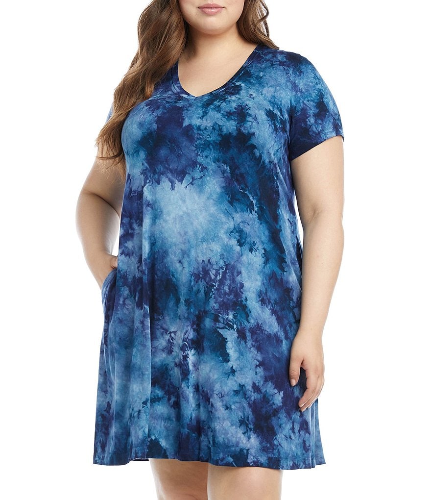 Karen Kane Plus Size Tie Dye Knit V-Neck Short Sleeve Quinn Dress