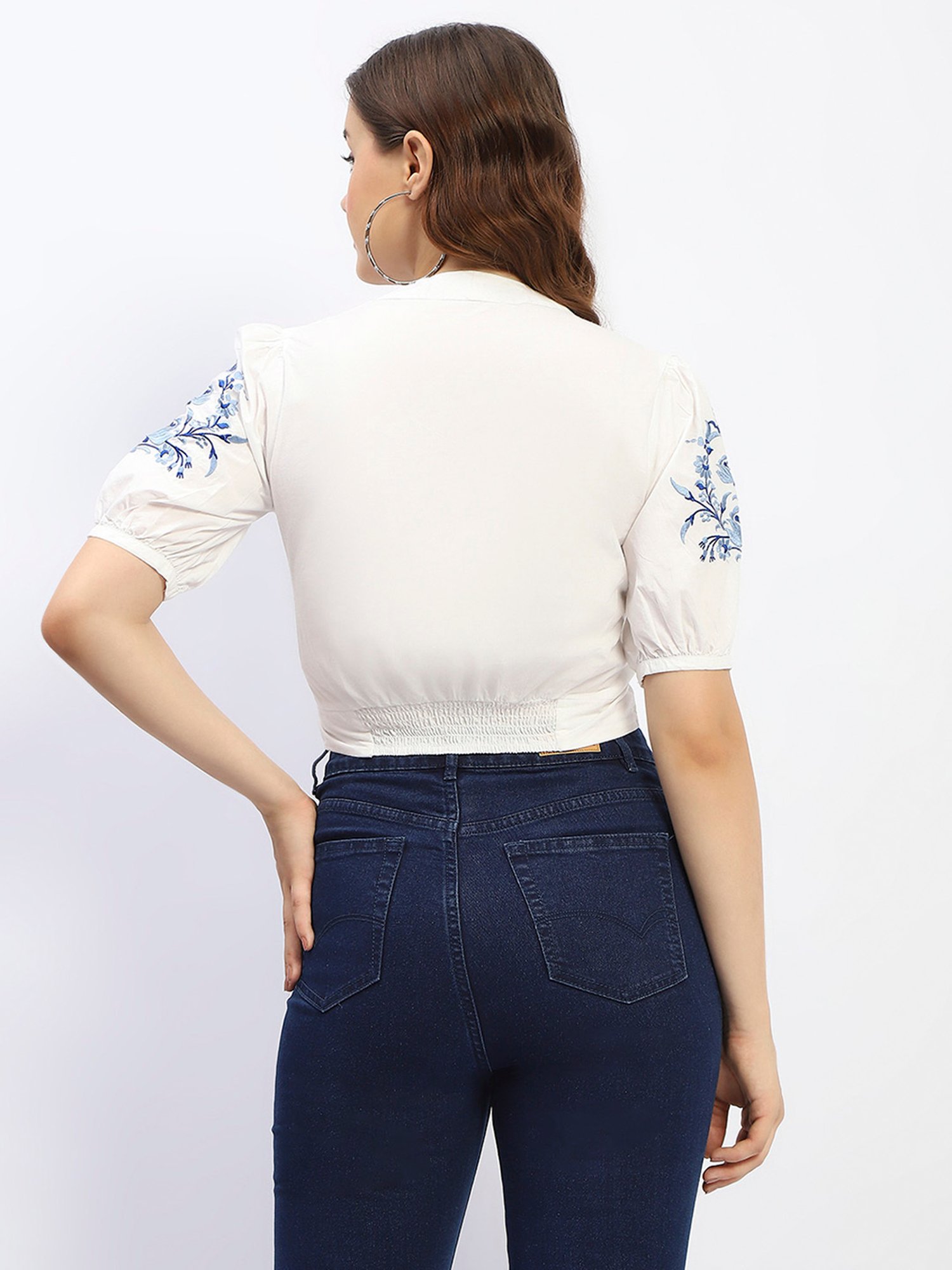 MADAME Off White Cotton Embroidered Crop Top