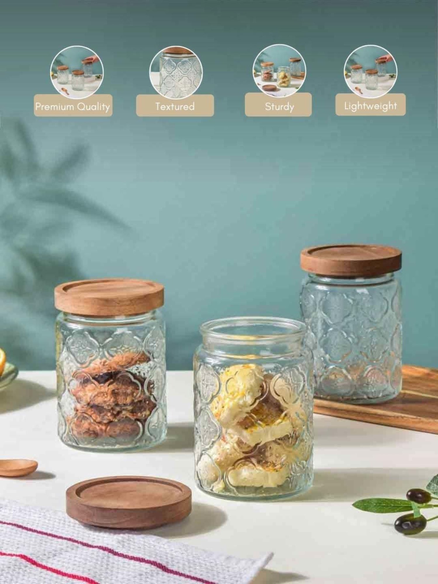 Nestasia Premium Quality Vintage Patterned Transparent Glass Jar With Wooden Airtight Lid(Set Of 3)