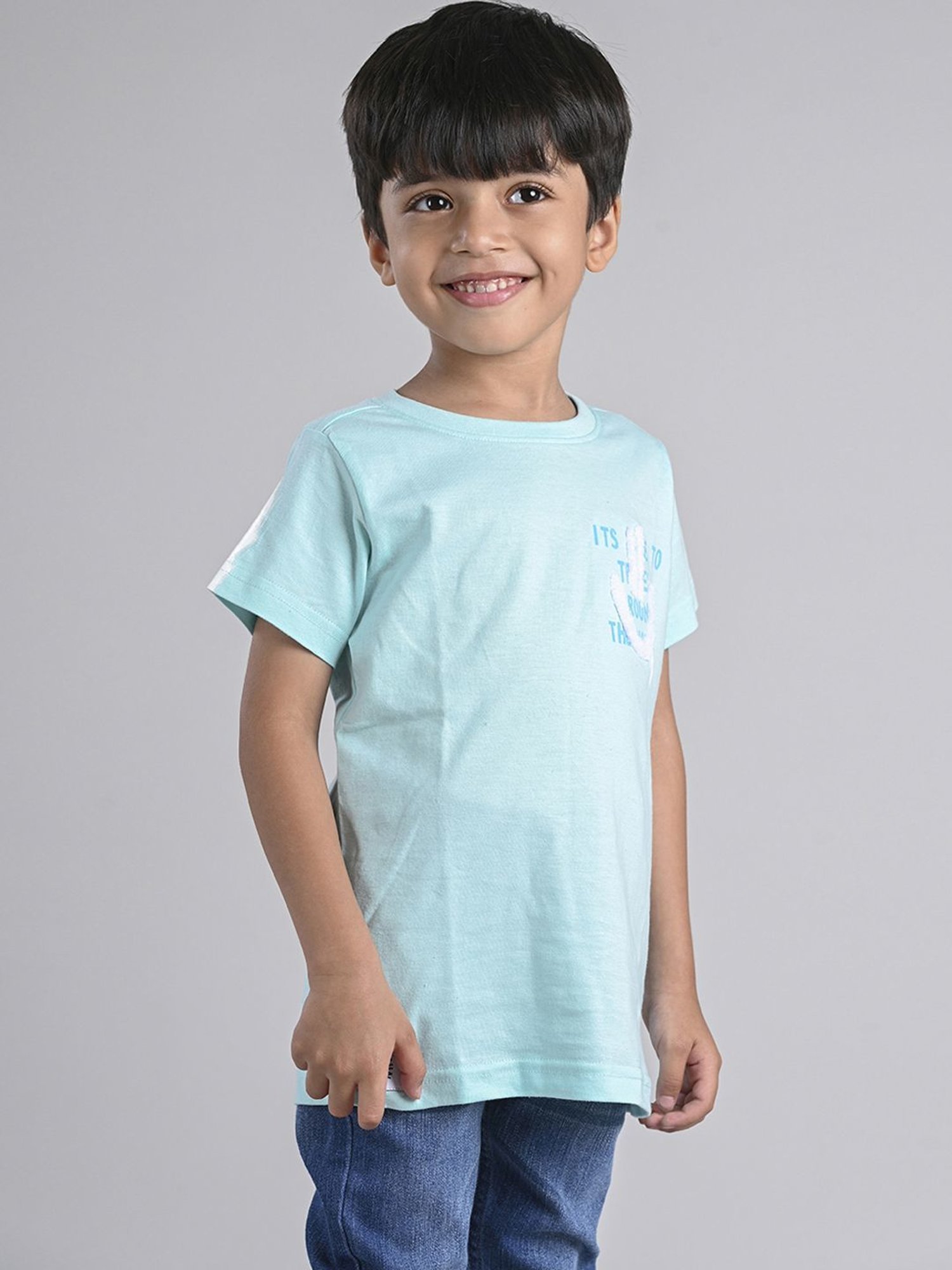 Tales & Stories Kids Aqua Blue Cotton Embroidered T-Shirt