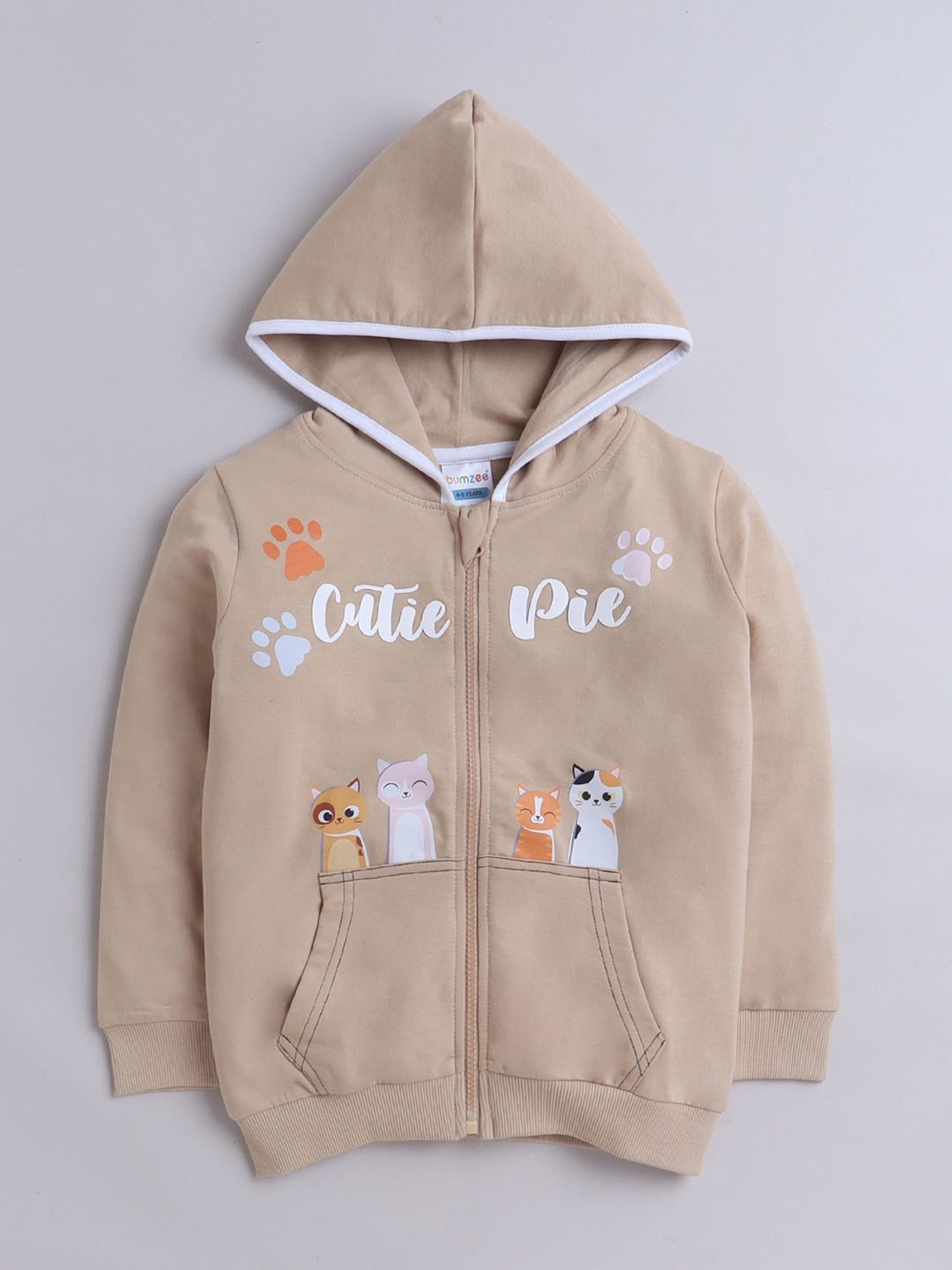 BUMZEE Beige Girls  Full Sleeves Cotton Hooded Zipper Sweatshirt Age - 2-3 Years