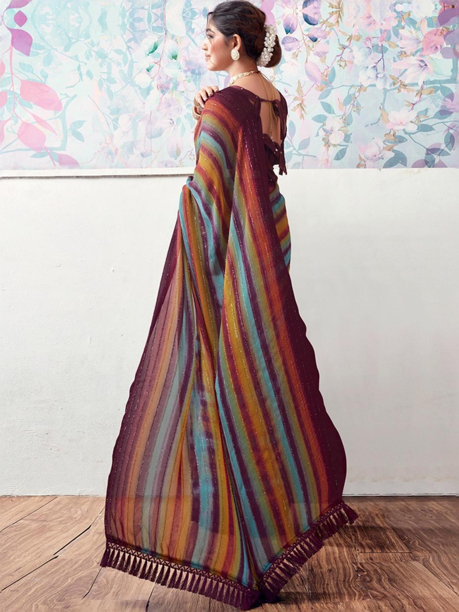 Satrani Brown & Blue Striped Saree With Unstitched Blouse