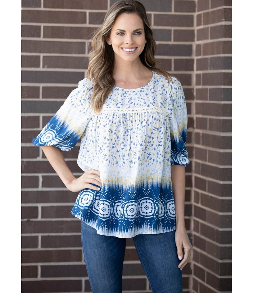 Figueroa & Flower Queen Blue Border Print 3/4 Balloon Sleeve Yoke Detail Popover Top