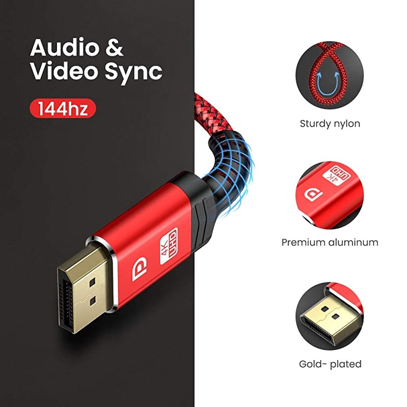 DisplayPort Cable 10ft, 1.2 DP Cable Nylon Braided -(4K@60Hz, 2K@144Hz) Gold-Plated DP to DP Cable Ultra High Speed Display Port Cable for Laptop PC TV etc- Gaming Monitor Cable (Red)