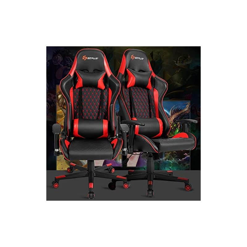 Massage Gaming Chair, Reclining Backrest Handrails and Seat Height Adjustment Racing Computer Office Chair, Ergonomic High Back Embroidered PU Swivel Game Chair with Headrest and Lumbar Cushion