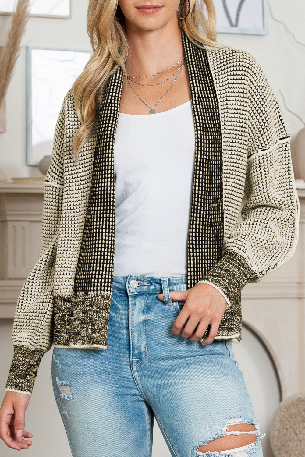 Apricot Gingham Contrast Trim Open Front Cardigan