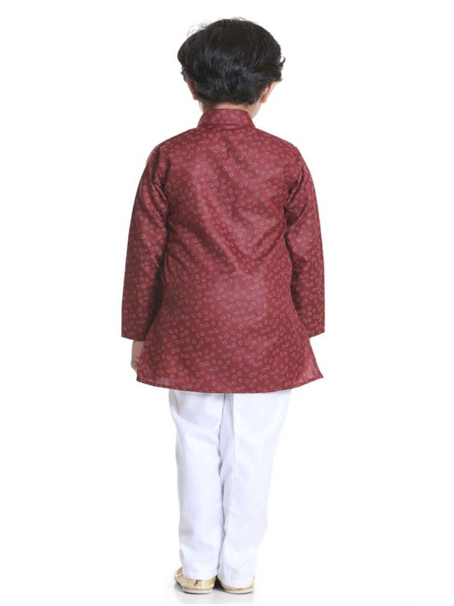 AJ Dezines Kids Maroon Cotton Printed Full Sleeves Kurta Set