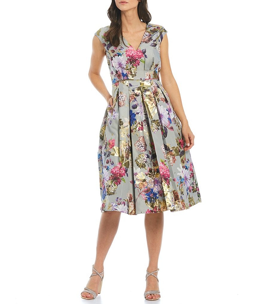 Aidan Mattox V-Neck Cap Sleeve Metallic Floral Brocade Pleated Midi Dress