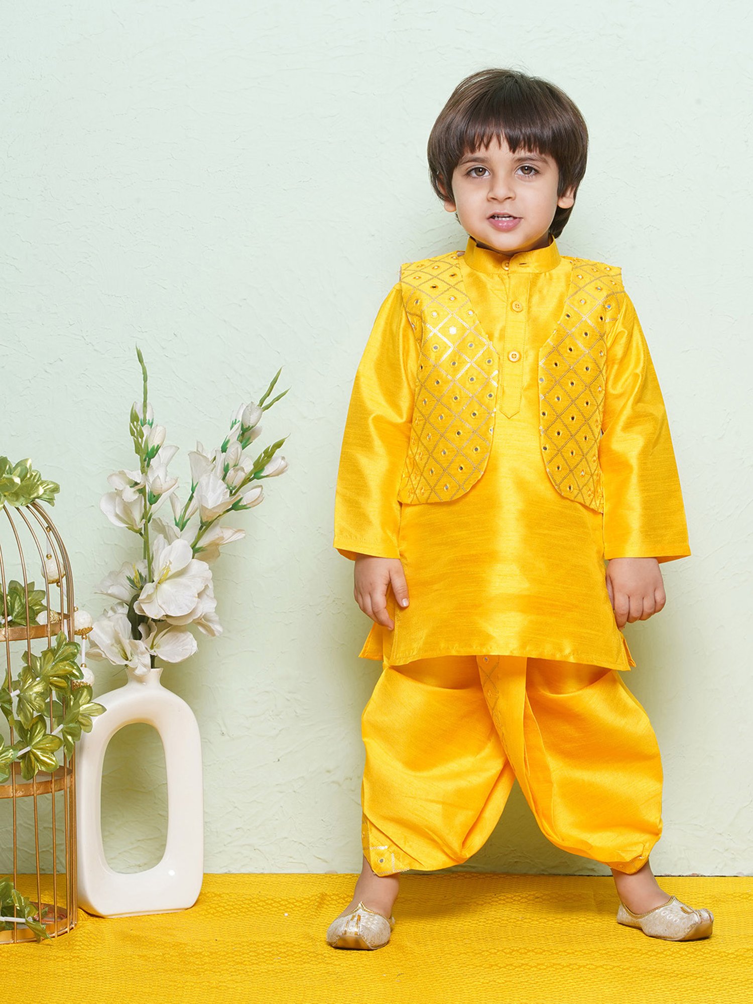 AJ Dezines Kids Mustard Embellished Full Sleeves Kurta, Dhoti with Waistcoat