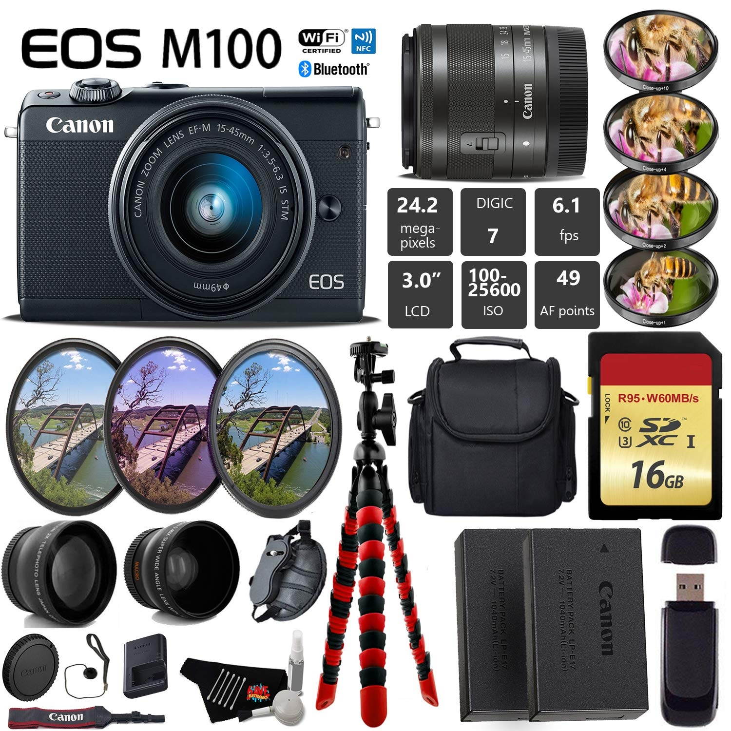 Canon EOS M100 Mirrorless Digital Camera (Black) with 15-45mm Lens + UV FLD CPL Filter Kit + 4 PC Macro Kit + Wide Angle & Telephoto Lens + Camera Case + Tripod + Card Reader - International Version
