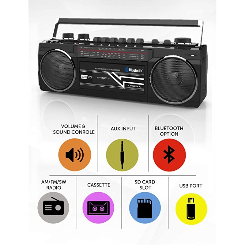 Cassette Boombox, Retro Blueooth Boombox, Cassette Player and Recorder, AM/FM/SW-1-SW2 Radio-4-Band Radio, USB, SD, and Aux in, Black