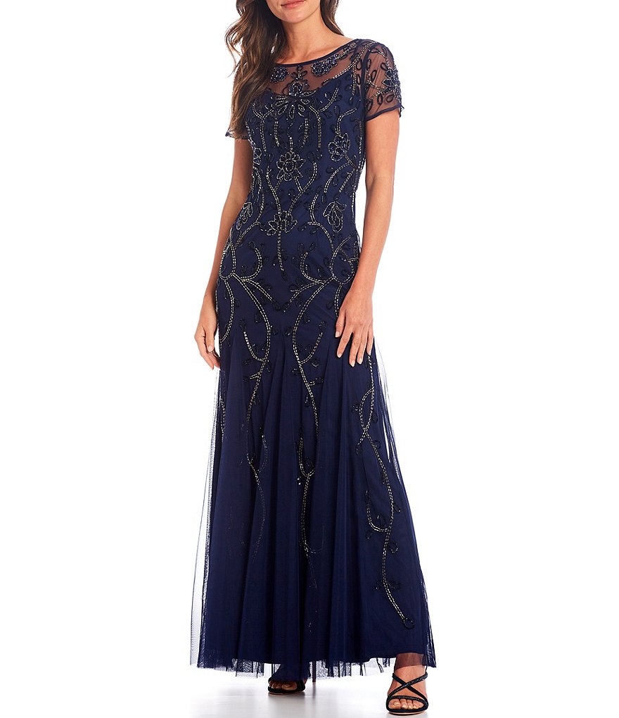 Adrianna Papell Beaded Boat Neck Short Sleeve A-Line Long Gown