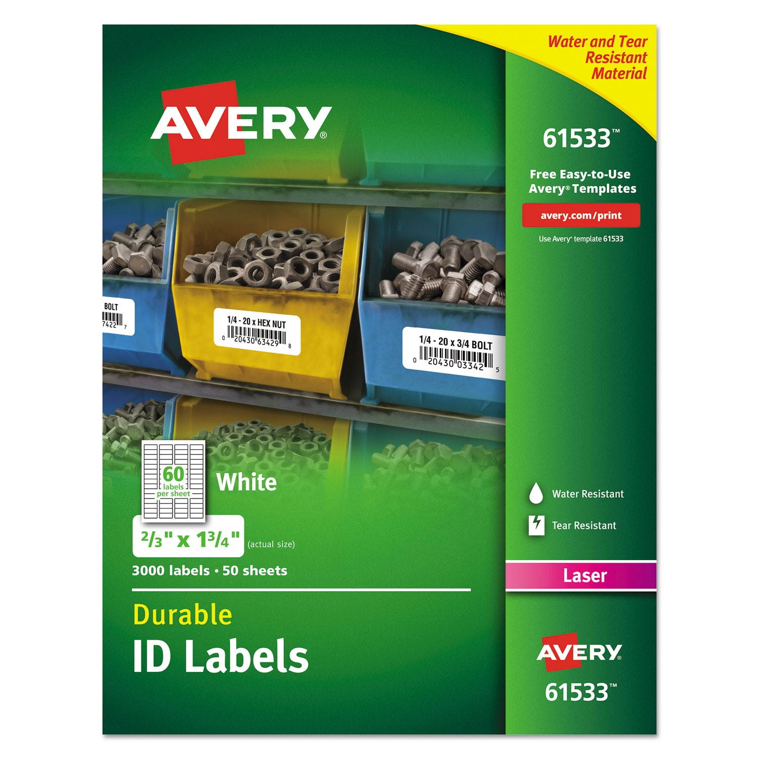 Avery Durable ID Labels, TrueBlock Technology, Permanent Adhesive, 2/3" x 1-3/4", 3,000 Labels (61533)
