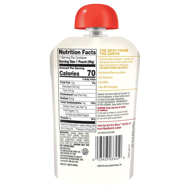 Earth's Best Organic Banana Apricot Pumpkin with Yogurt Oat & Quinoa Baby Food Pouch - 3.5oz