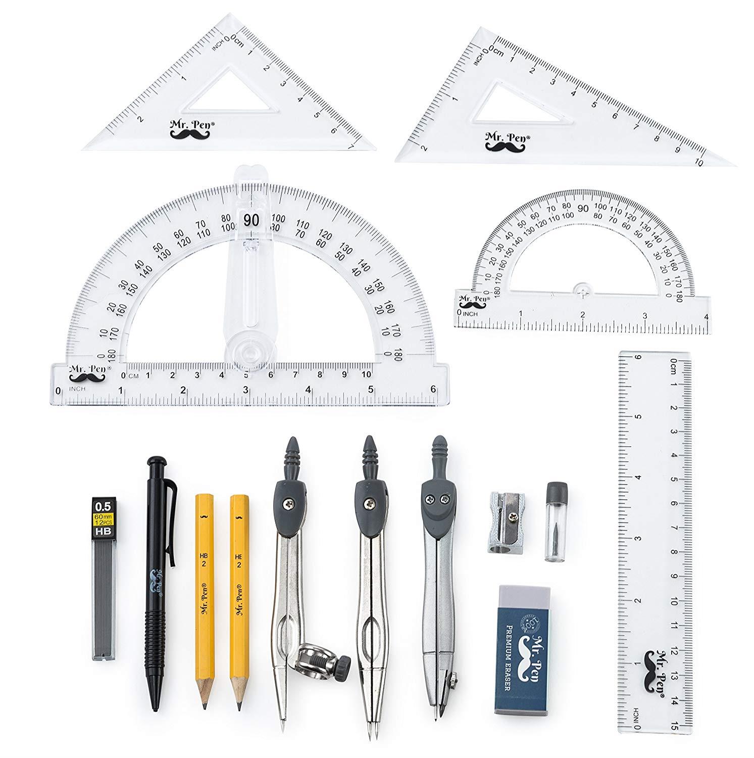 Mr. Pen- 15 Pcs Compass Set with Swing Arm Protractor (6"), Geometry Set for Students, Geometry Set for School, Divider, Set Squares, Ruler, Protractor, Compass Math, Compass and Protractor, Eraser