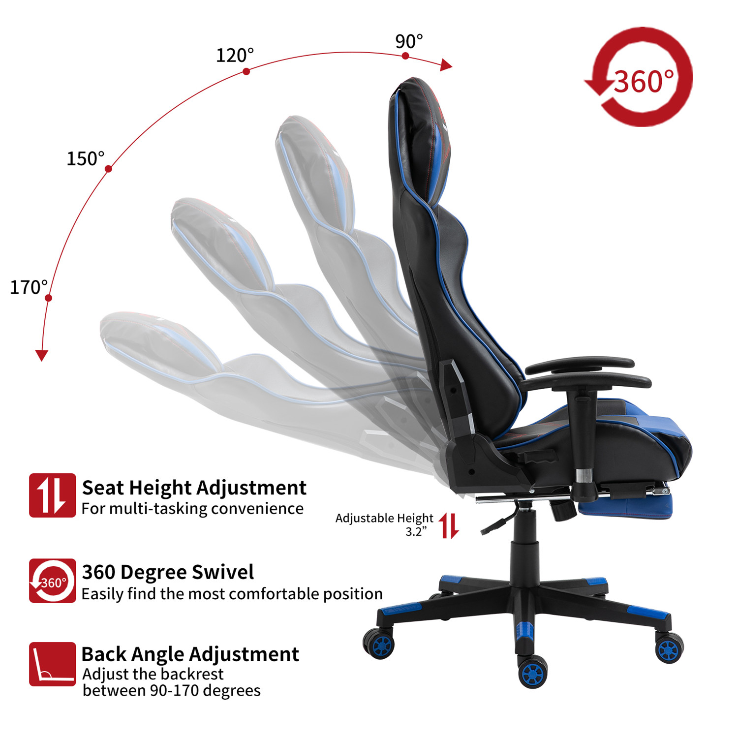 X-VOLSPORT Gaming Chair Office High Back Chair with Footrest, Racing Style PU Leather Ergonomic Computer Video Game Chair with Headrest and Lumbar Massage
