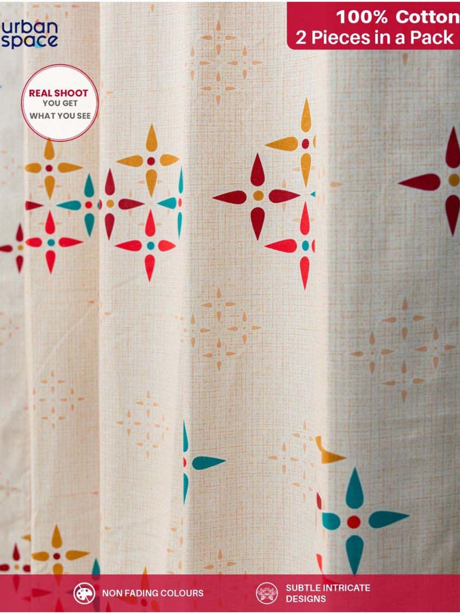 Urban Space White & Red Cotton Printed Window Curtain - Set of 2