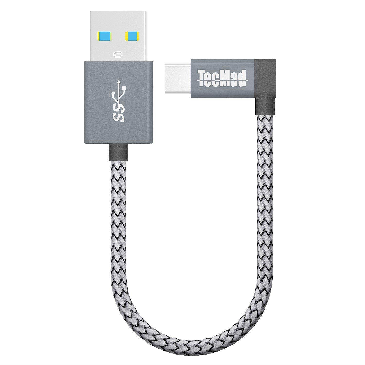 USB a to USB c Cable TecMad 90 Degree Plug Nylon Braided Type C to USB 3.0 Cable for New MacBook,Nexus 5X,Samsung s9 s8 Note 9,LG V30 V20 G6 G5,Hero 6/5,DJI Mavic Pro Drone and More-0.8ft/0.25m Grey