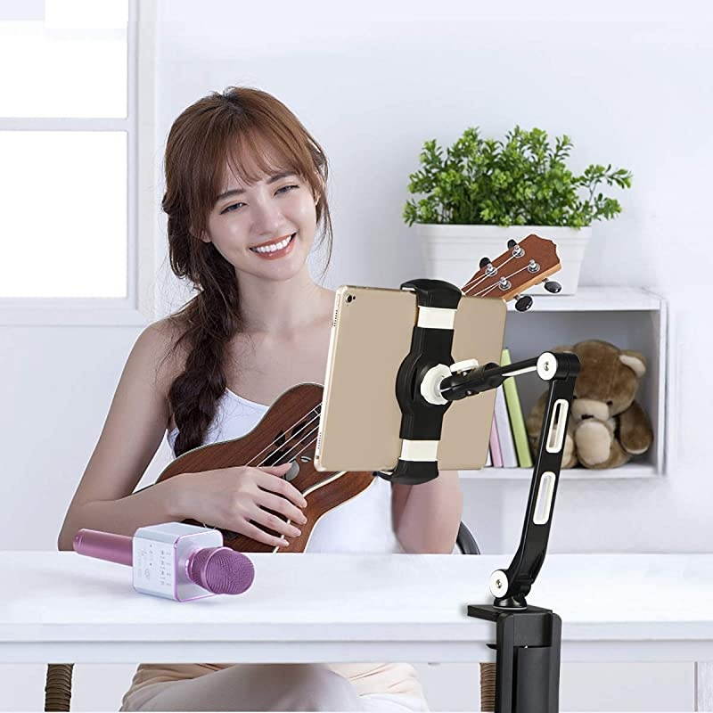 Aluminum Alloy Cell Phone Desk Mount Stand 360&deg; Tablet Stand and Holders Adjustable for iPad iPhone Samsung Asus and More 4711 inch Devices Good for Bed Kitchen Office YF208B