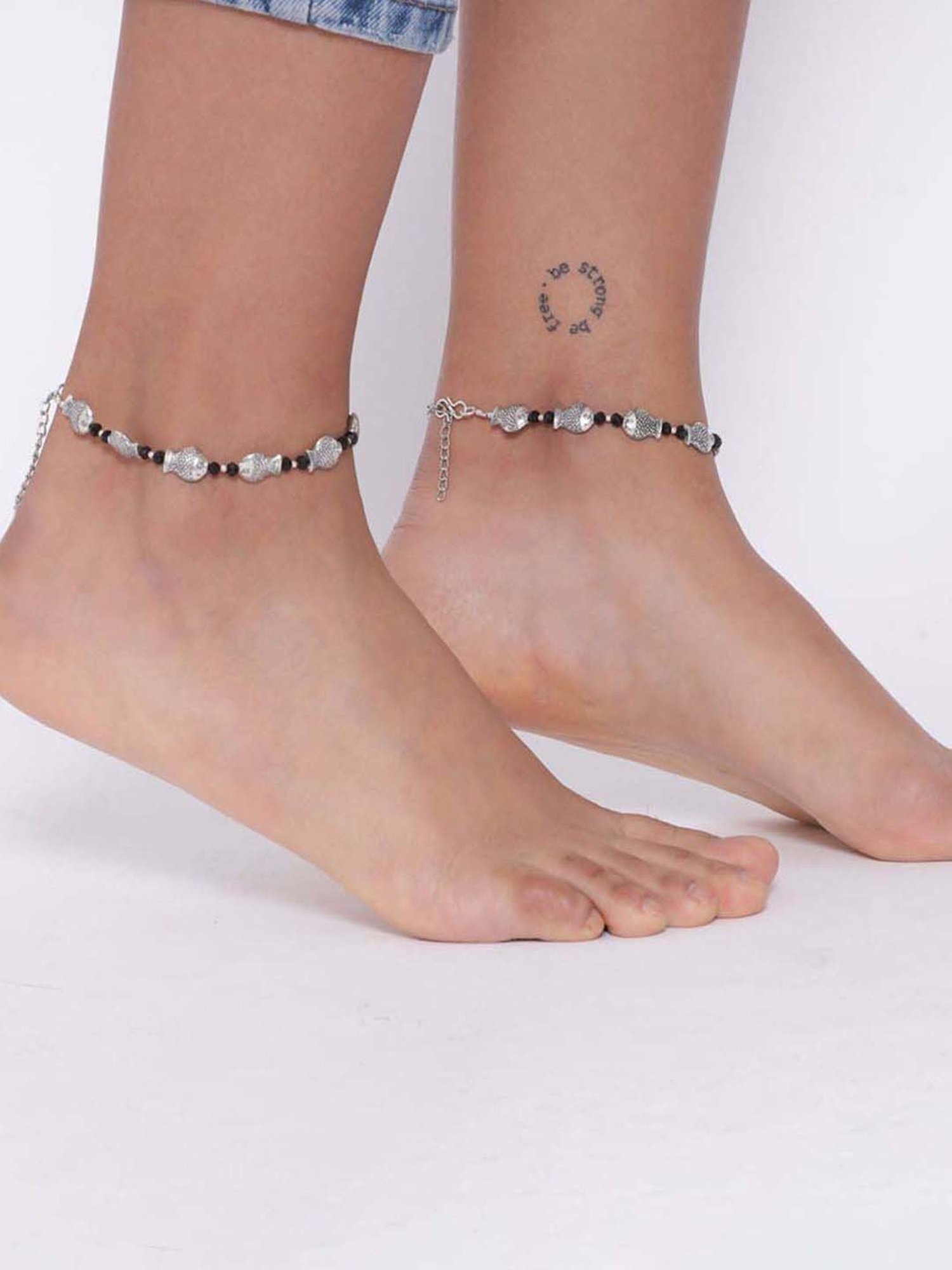 Aatmana Silver-Plated & Black Beaded Handcrafted Fish Anklets - Set of 2
