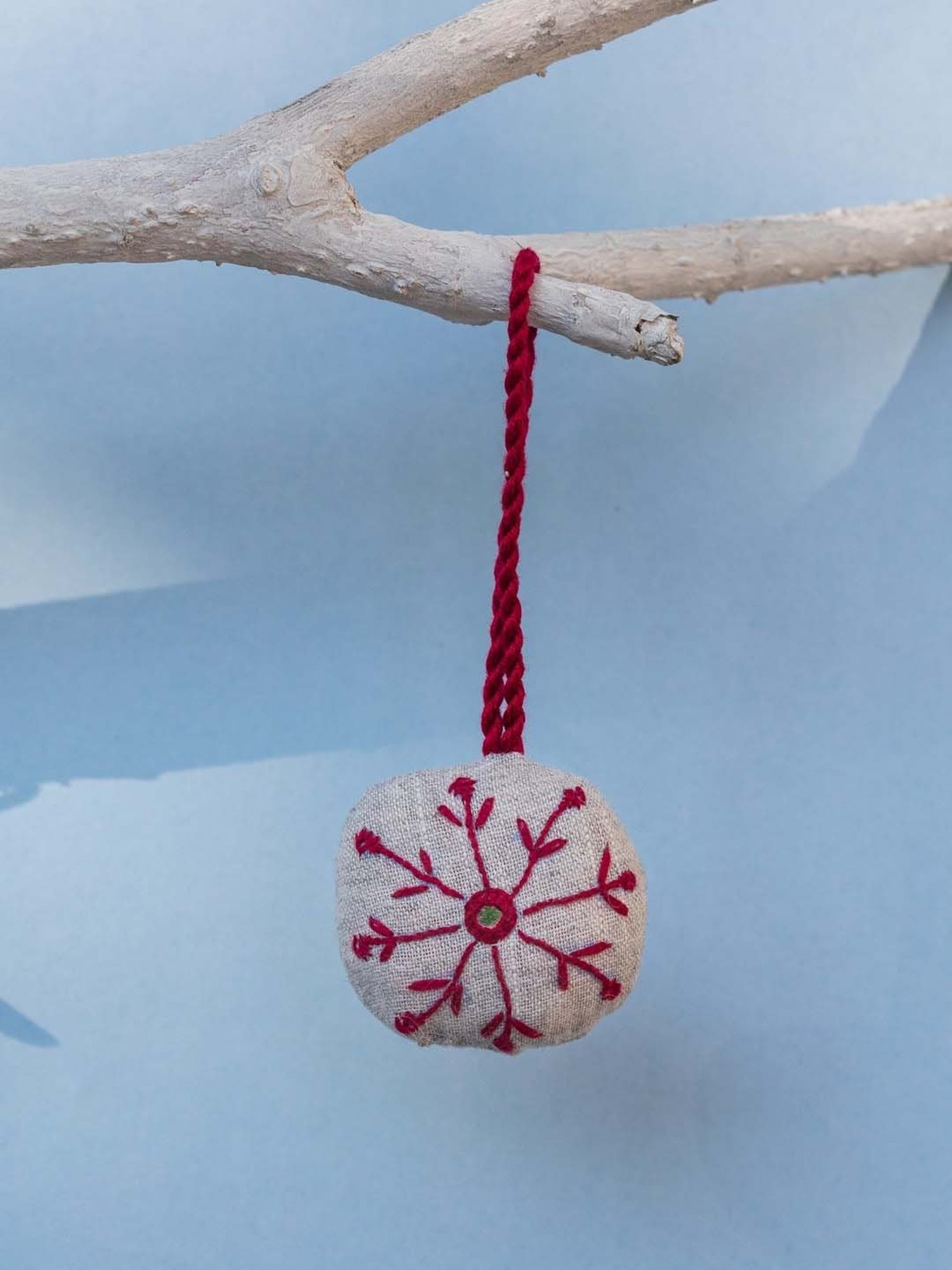 Okhai Grey & Maroon Cotton First Snow Hand Embroidered Bauble - Set of 1