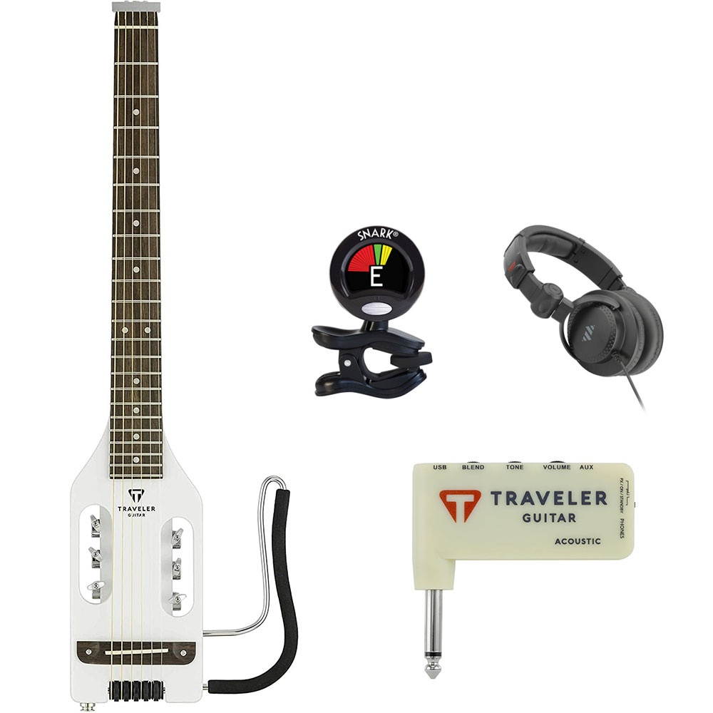 Traveler Guitar Ultra-Light Acoustic Acoustic-Electric Guitar, White (ULA WTG) Bundle with TGA-1A Acoustic Headphone Amp, Professional Studio Headphones, and Clip-On Guitar Tuner