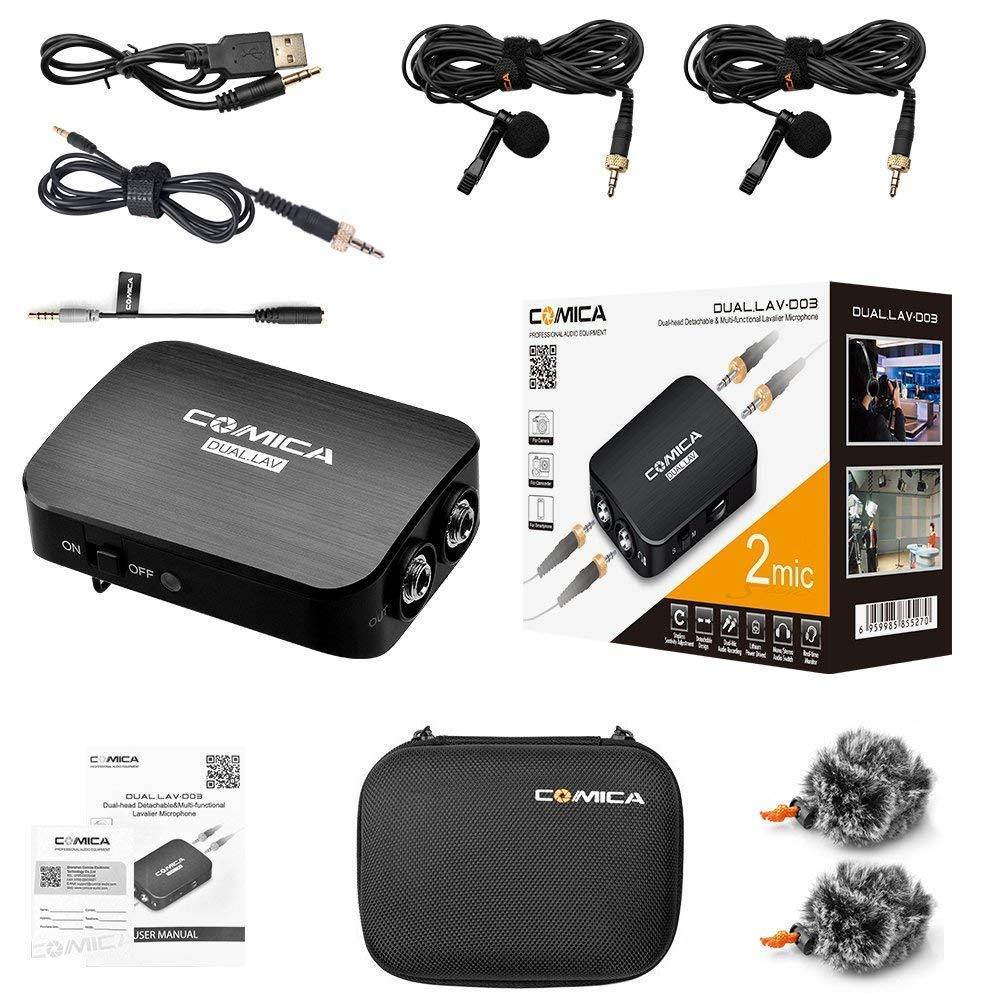 Comica CVM-D03 Dual Lavalier Lapel Microphone with Mono/Stereo Sound, Volume adjustment, Real-time monitoring, Portable Clip-on mic for Video Recording, Interview,Cameras Camcorders& Smartphone