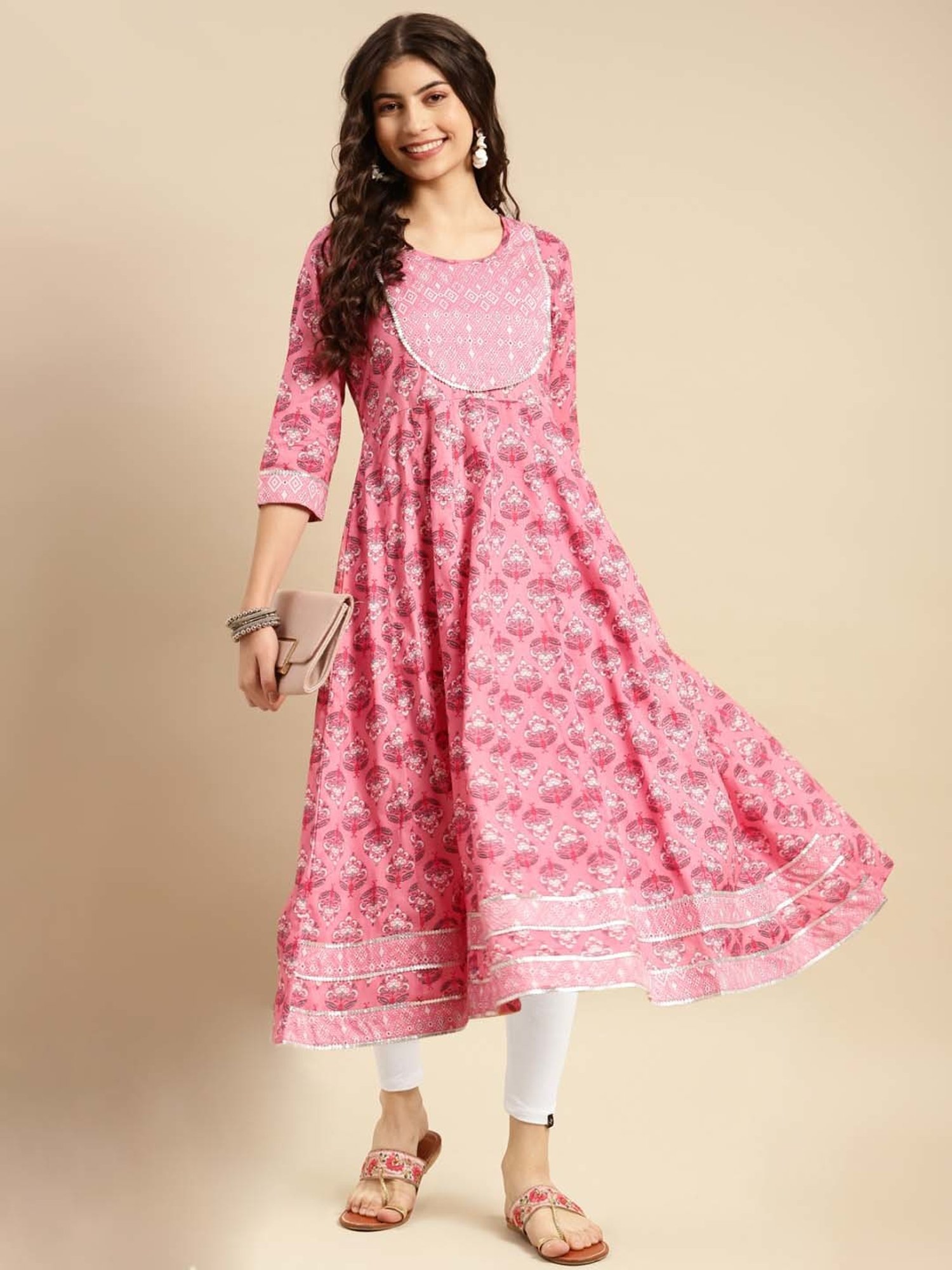 Rangita Pink & White Cotton Printed Kurta Leggings Set