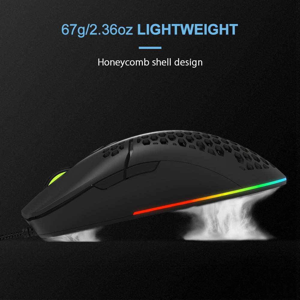 DELUX Lightweight Gaming Mouse(2.36g/67g) with Lightweight Honeycomb Shell Design, Ultralight Ultraweave Cable and 7 Programmable Buttons, 16000 DPI RGB Optical Mice (M700BU(3389)-Black)