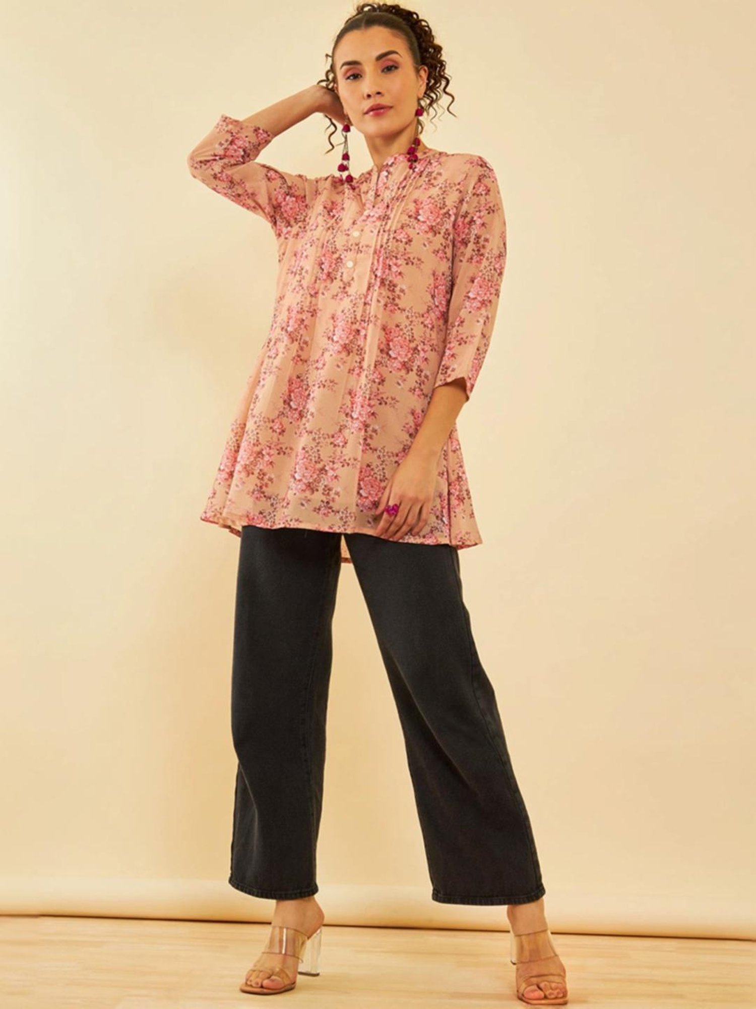 Soch Beige Georgette Floral Printed Mandarin Collar A-Line Tunic