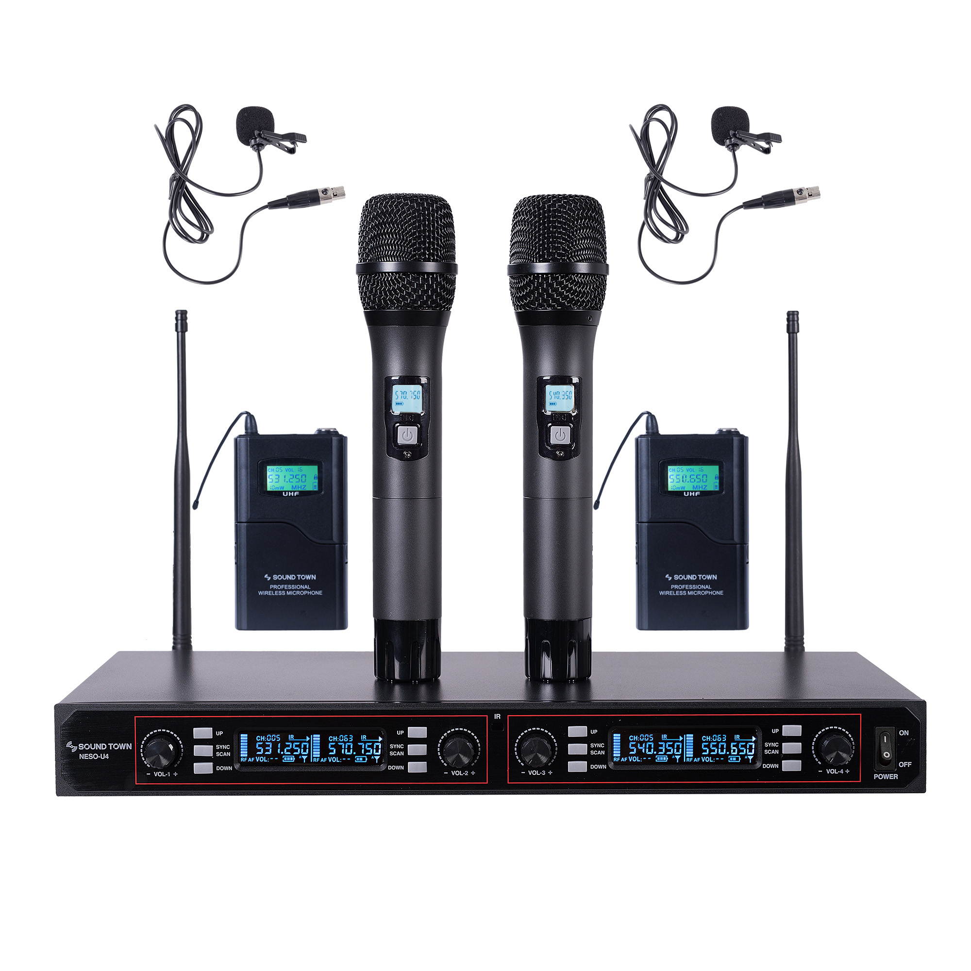 Sound Town 200-Channel Rack Mountable Professional UHF Wireless Microphone System with Metal Receiver, 2 Handheld Mic, 2 Lavalier Mic, 2 Bodypack Transmitter (NESO-U4HL)