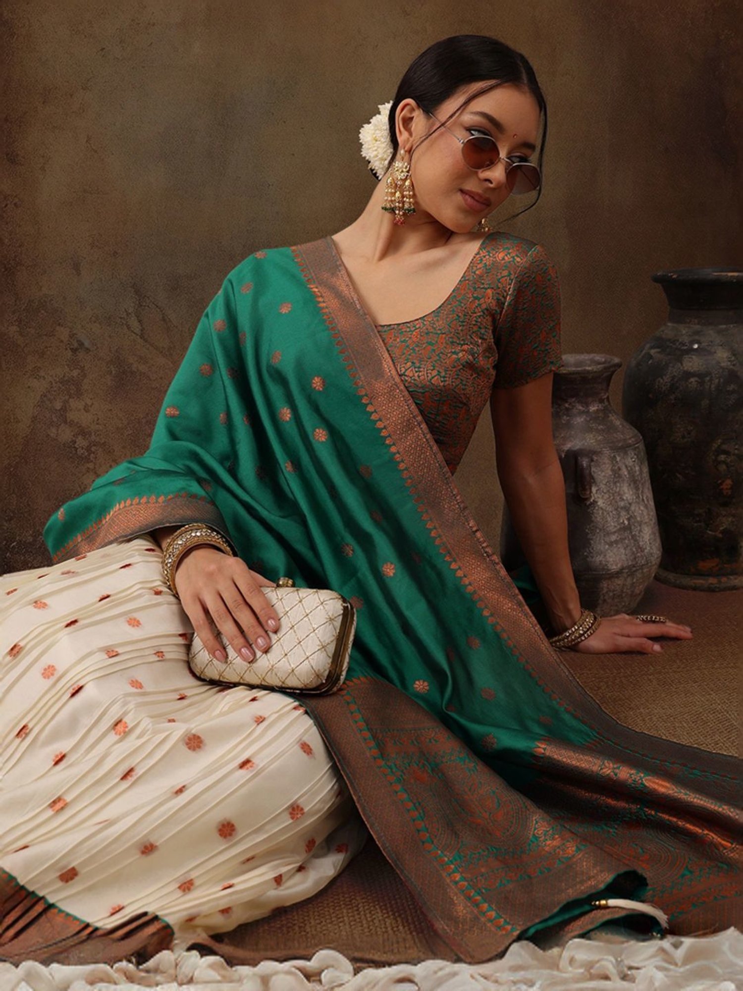 Silk Land Beige & Green Woven Pattern Semi Stitched Lehenga Choli Set With Duppata