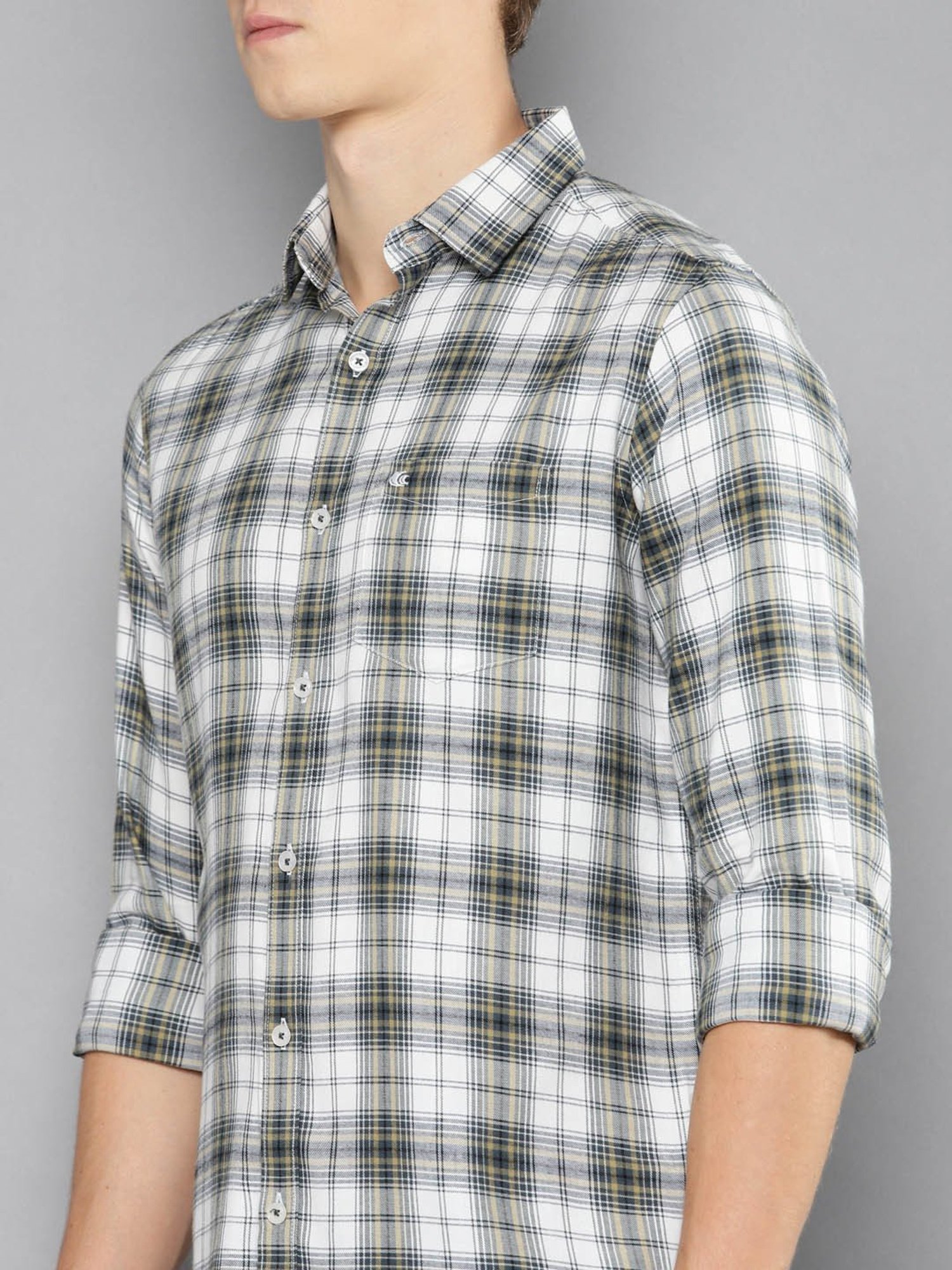 Allen cooper Light Beige & White Regular Fit Check Cotton Shirt