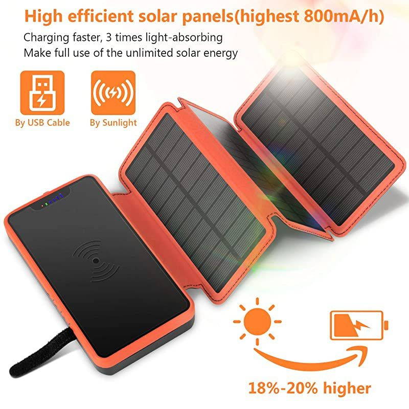 Charger 20000mAh 45W Wireless Charger Portable Power Bank External Battery Pack with 3 Panels Flashlight Dual 5V21A USB Port IP65 Rainproof for Camping Hiking FishingOrange