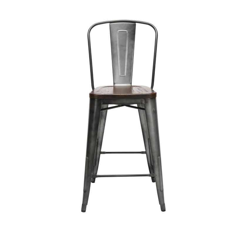 Set of 4 26" Industrial Modern High Back Galvanized Steel Counter Height Barstool with Solid Ash Wood Seats Gunmetal/Walnut - OFM