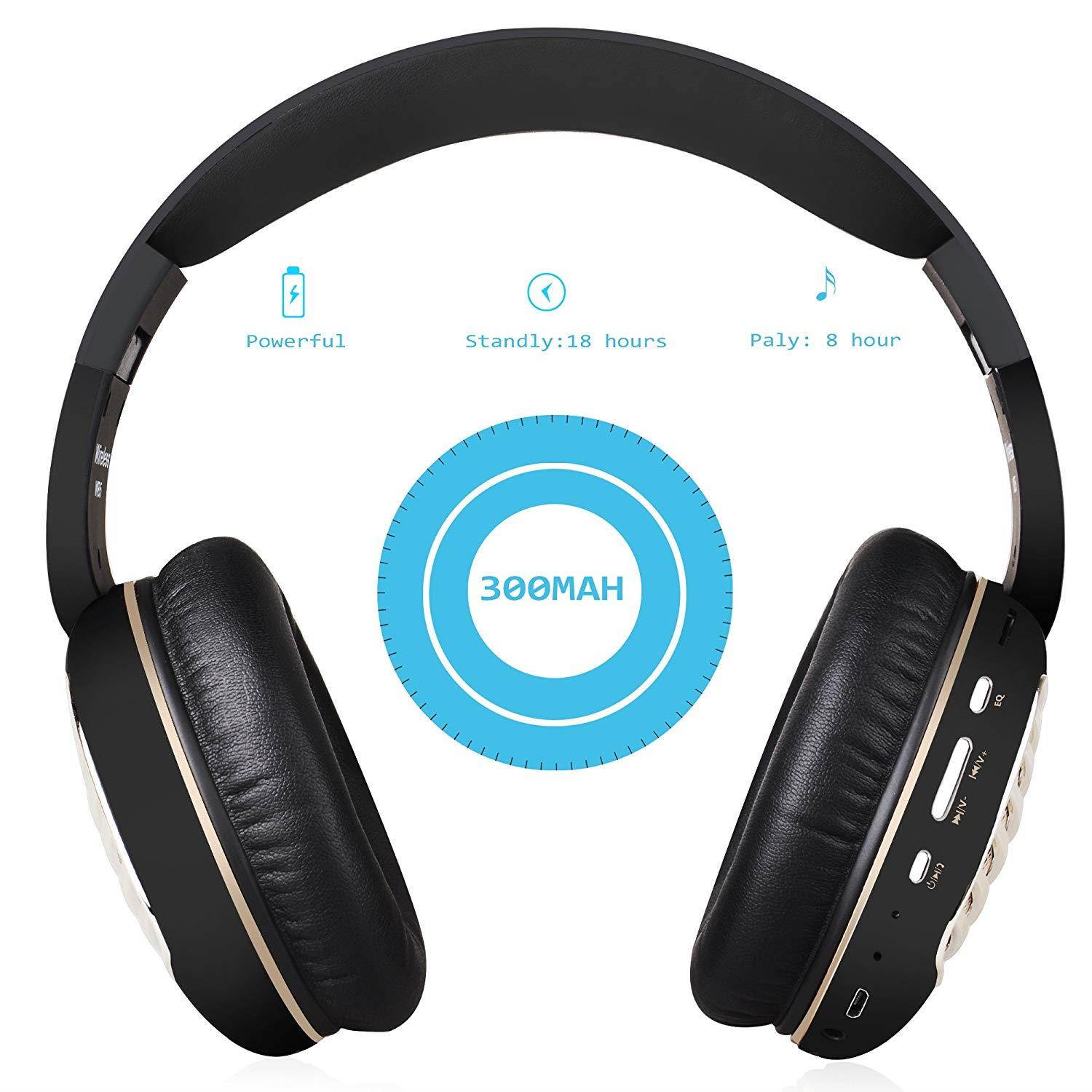 Bluetooth Headphones, Riwbox WB5 Bluetooth 4.2 Wireless Foldable Headphones Over Ear with Microphone, 5 EQ Sound Modes, Soft Memory-Protein Earmuffs, Wireless and Wired Headset for PC (Black Gold)