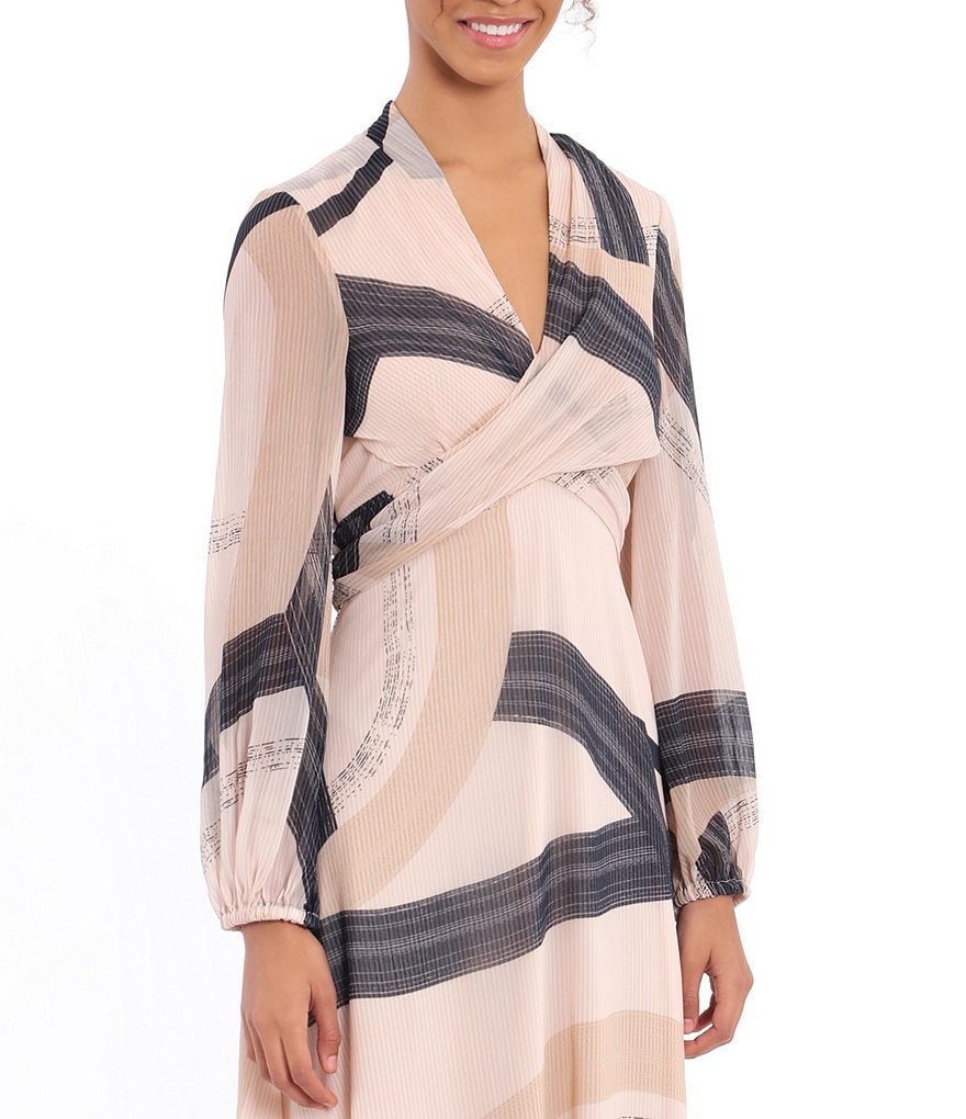 London Times Long Sleeve Criss Cross Tie Back A-Line Dress