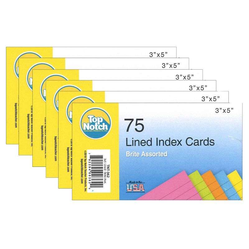 6pk 75 per pack 3" x 5" Lined Index Cards Brite Assorted -Top Notch Teacher Products