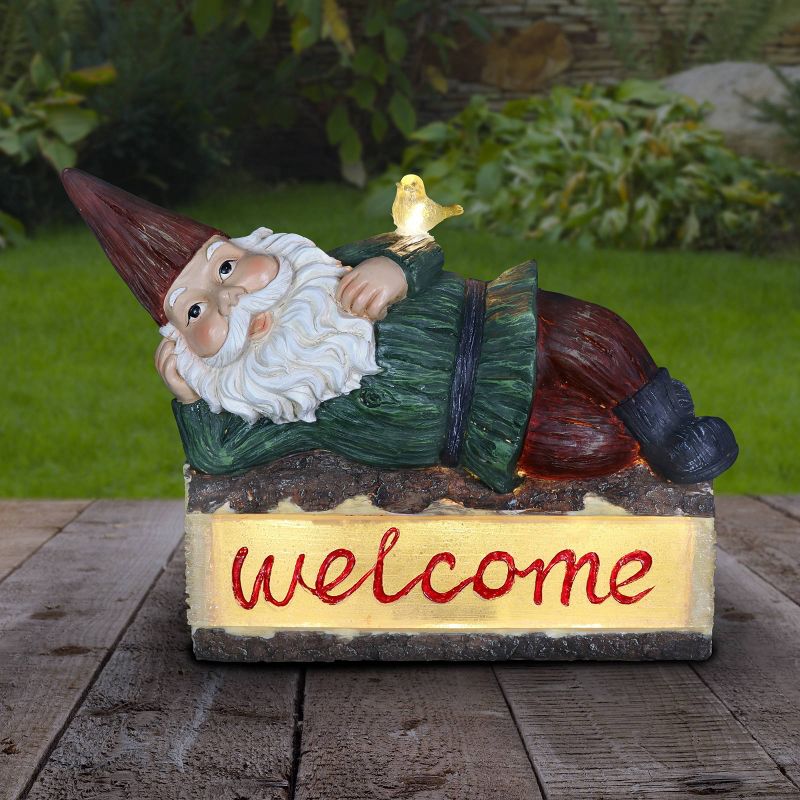 14" Solar Gnome On Welcome Log Resin Statue Green - Exhart