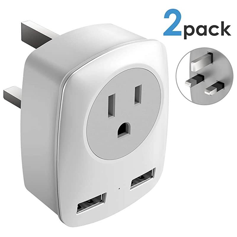 Travel Adapter America to Europe International Power Adapter with 1 US Outlet and 2 USB Charger Ports Electrical Socket Adaptor for US to Ireland Hong Kong UAE 2Pack TypeG Plugs