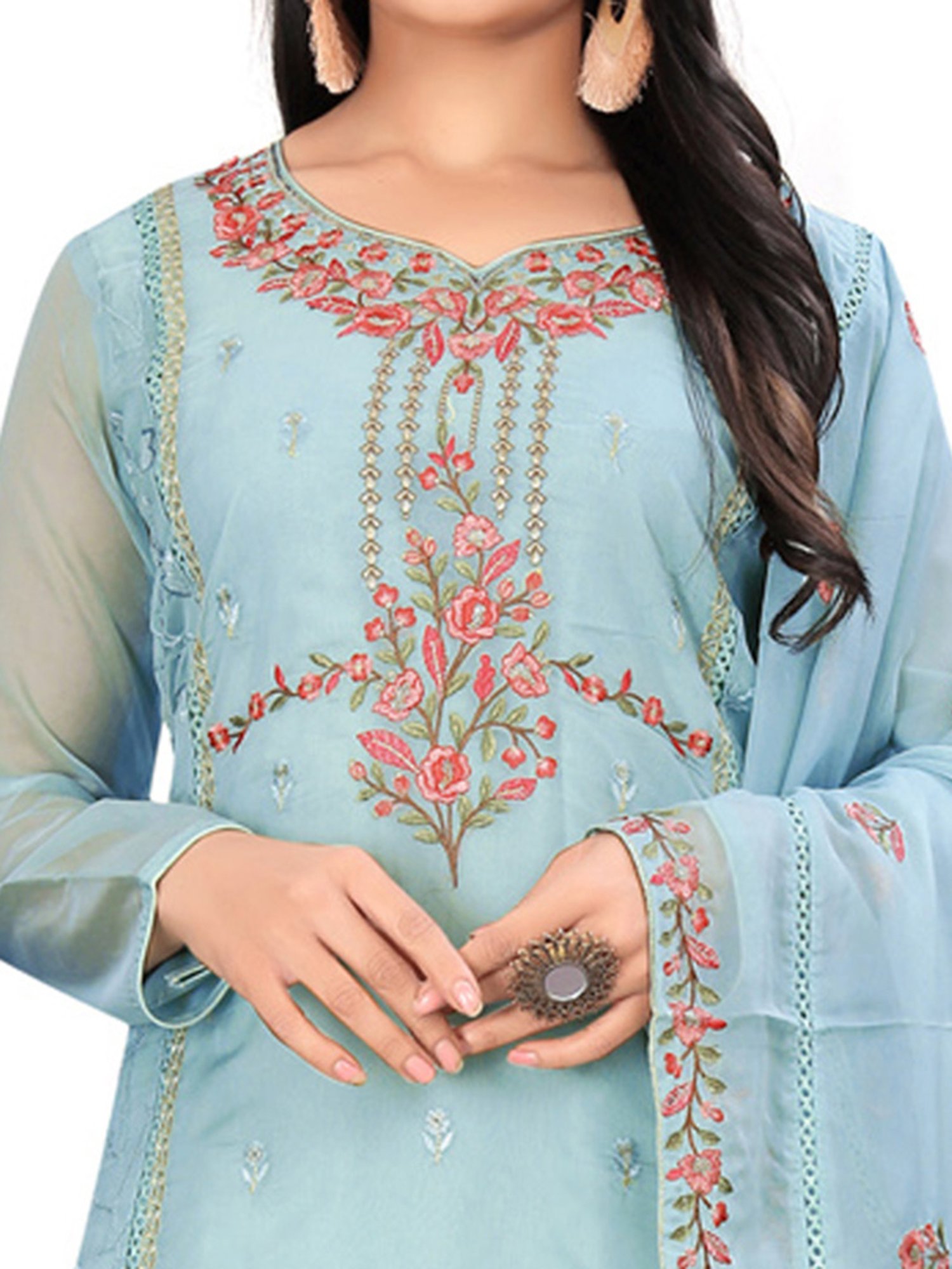 Stylee LIFESTYLE Light Blue Embroidered Unstitched Dress Material