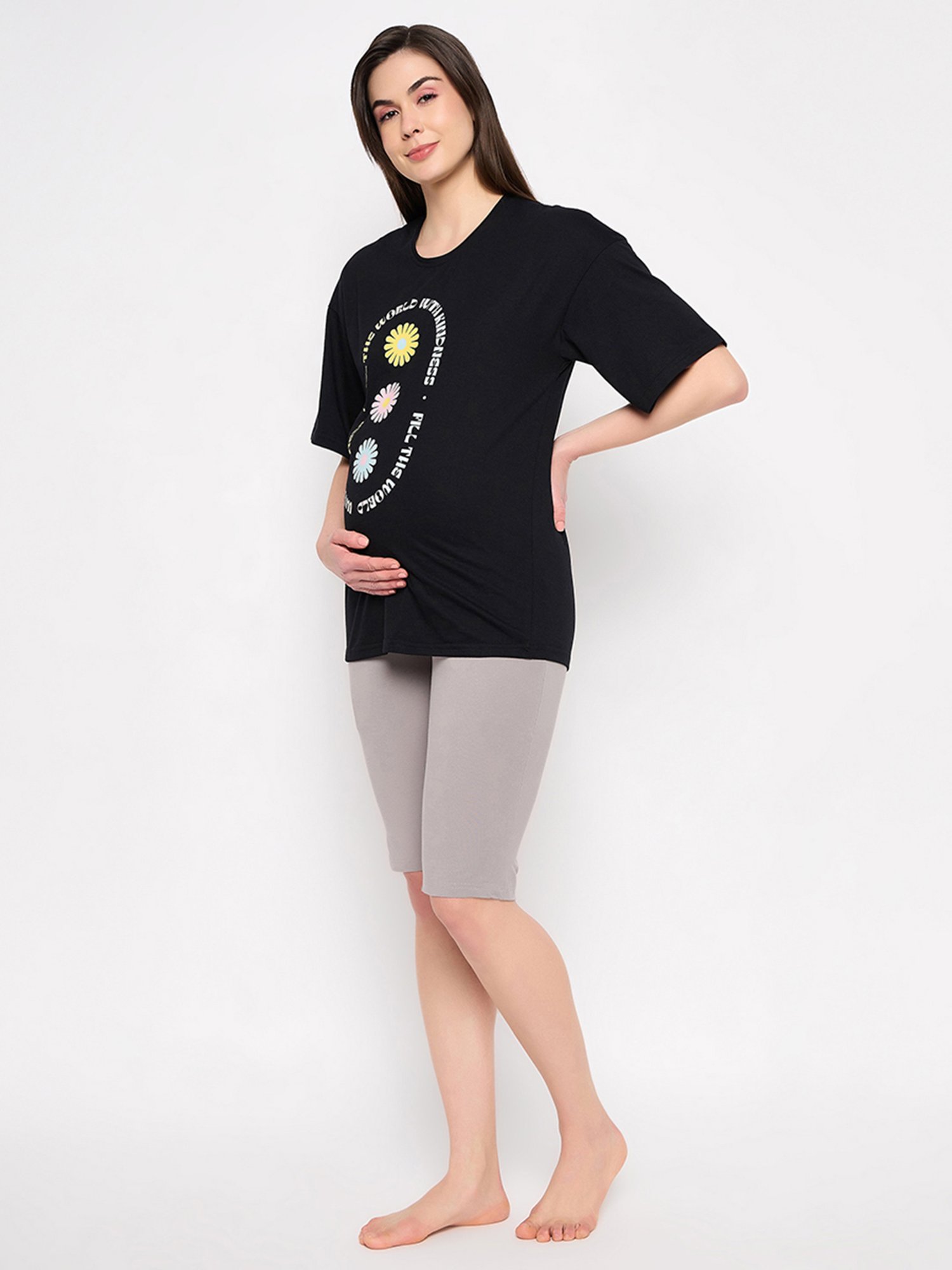 Clovia Yellow & Pink Graphic Print Maternity Top With Pyjamas