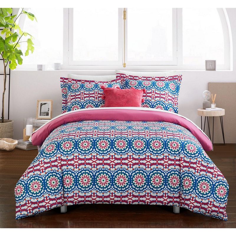 Chic Home Gavin 4 Piece Duvet Cover Set Bohemian Inspired Contemporary Geometric Pattern Backing Zipper Closure Decorative Shams Pillow Fuchsia - Full