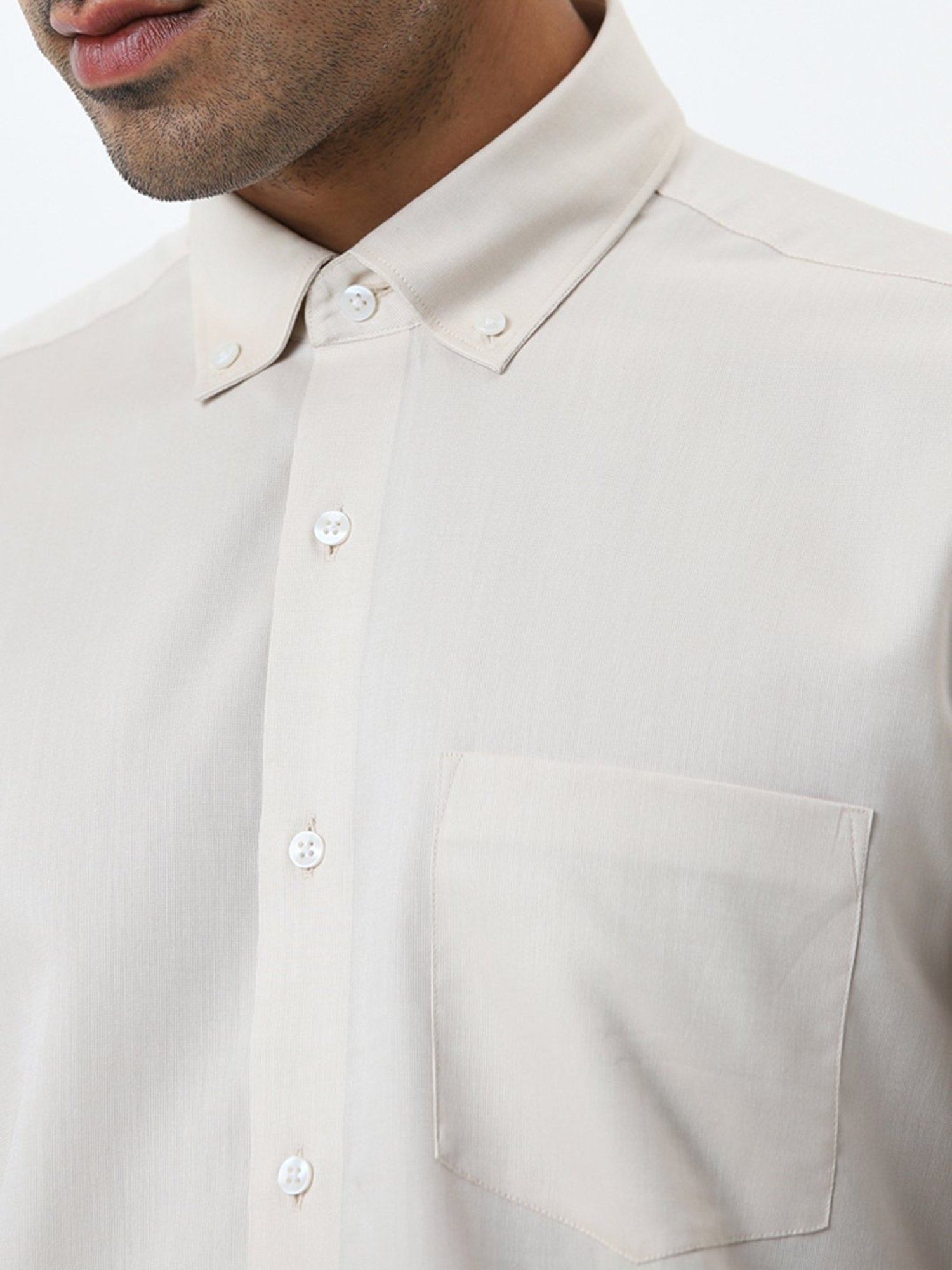 WES Formals by Westside Light Beige Solid Slim-Fit Cotton Shirt