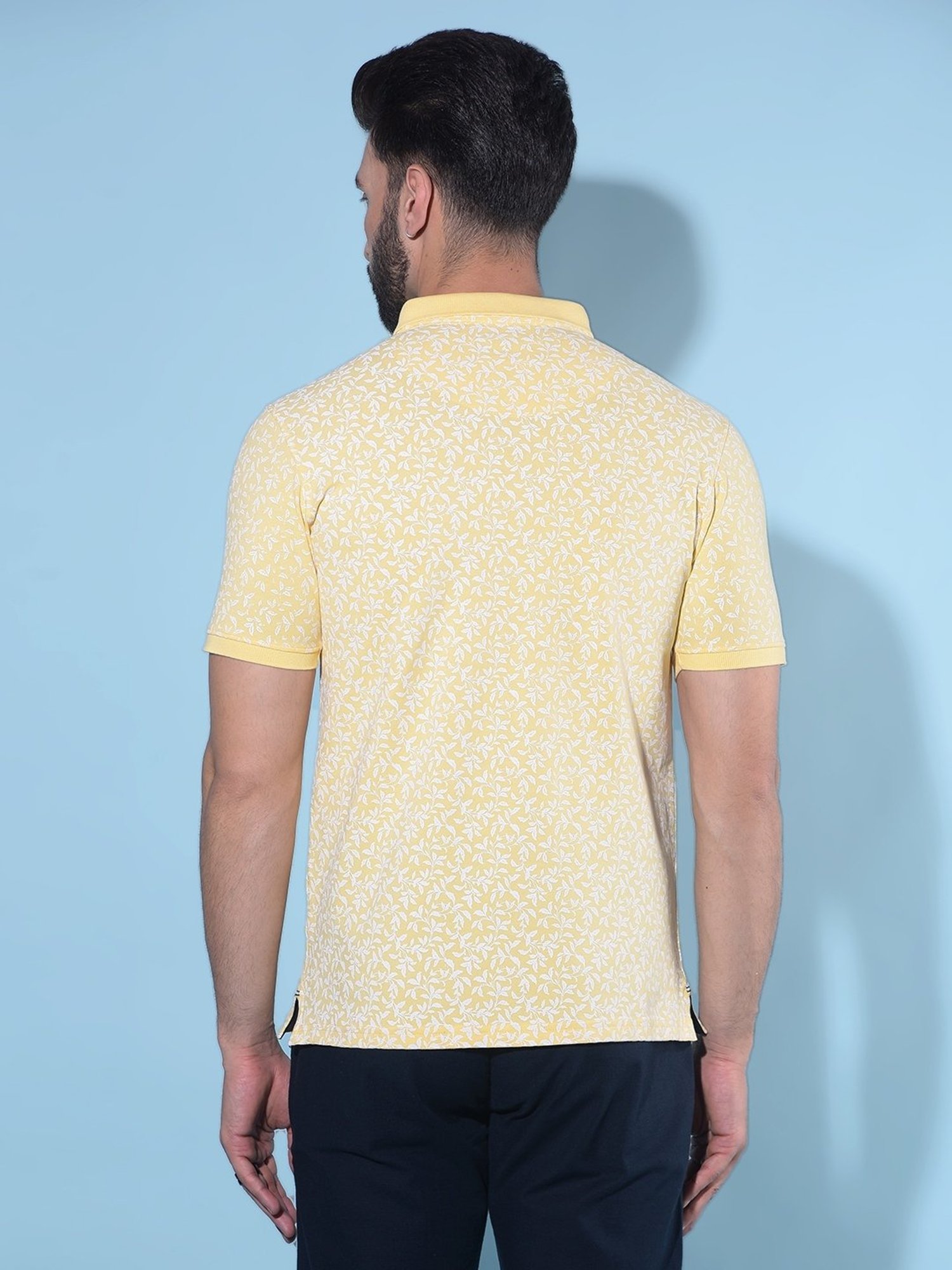 Crimsoune Club Yellow Cotton Slim Fit Floral Print Polo T-Shirt