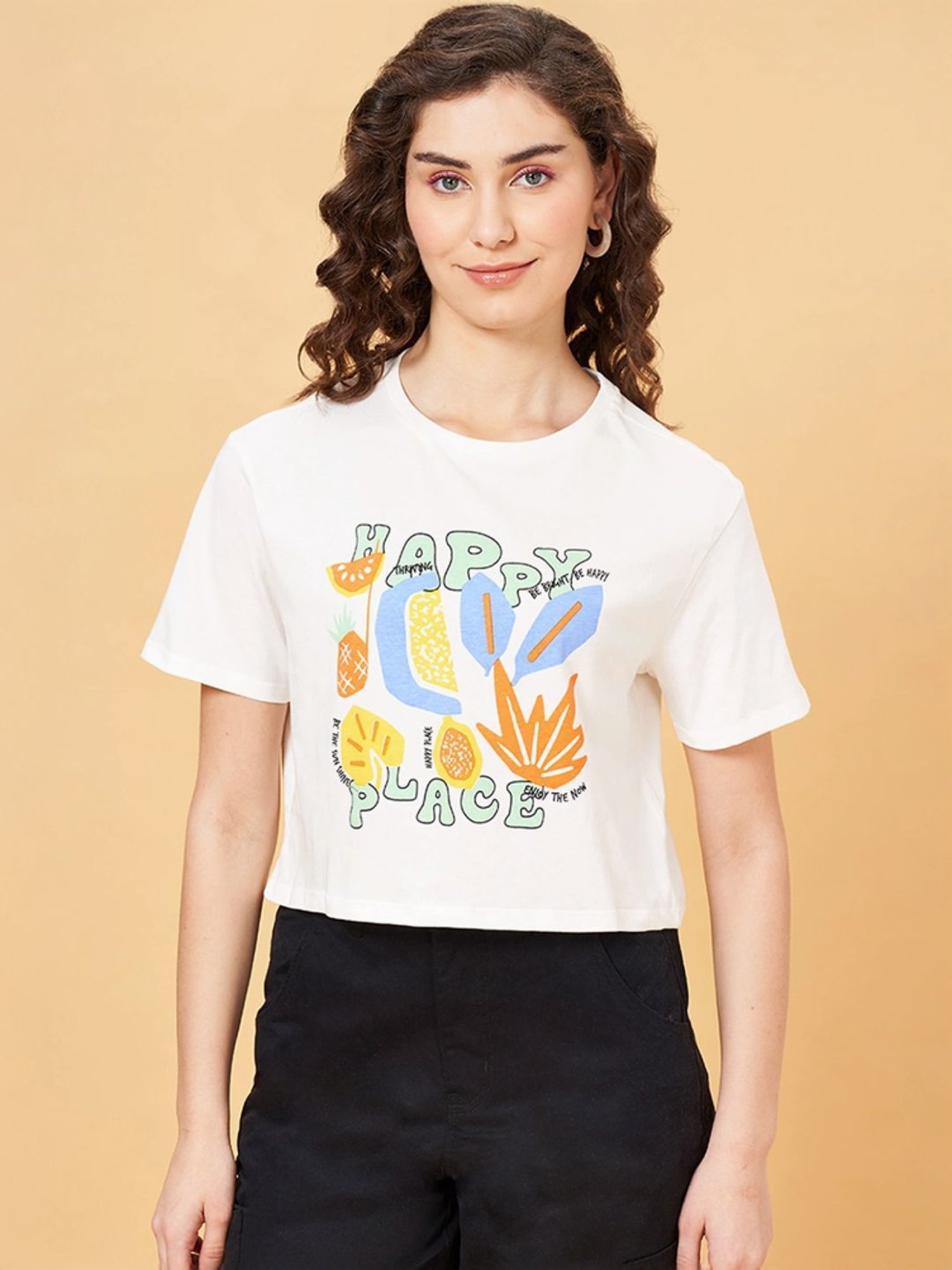 People by Pantaloons White Cotton Printed T-Shirt