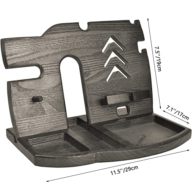 Wood Docking Station Tray Cell Phone Smartwatch Holder Men Charging Accessory Nightstand Father Mobile Base Gadget Organizer Dresser Wallet Storage Anniversary Birthday Graduation Gift