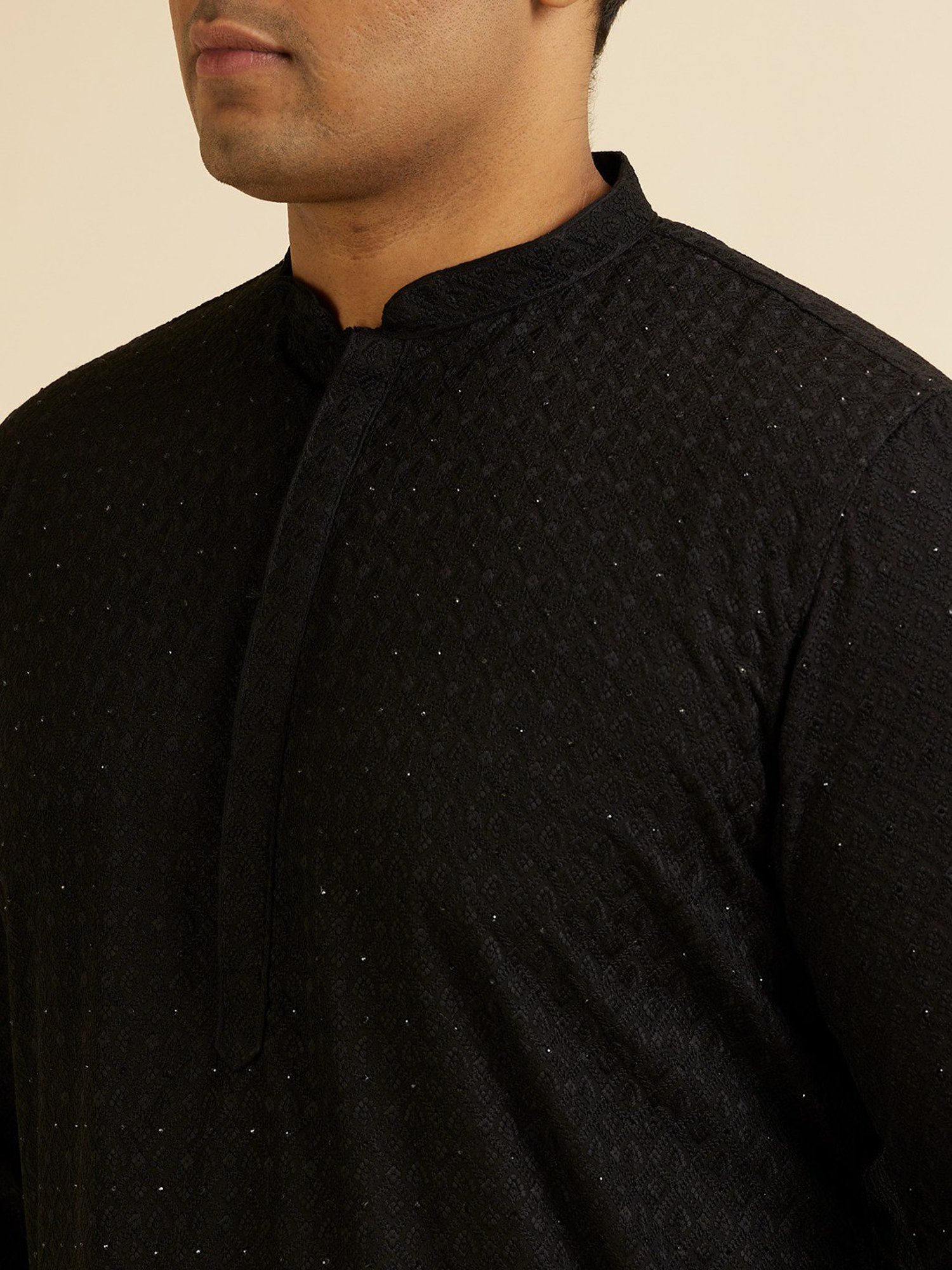 Manyavar Black Regular Fit Embroidered Plus Size Kurta and Pyjama Set